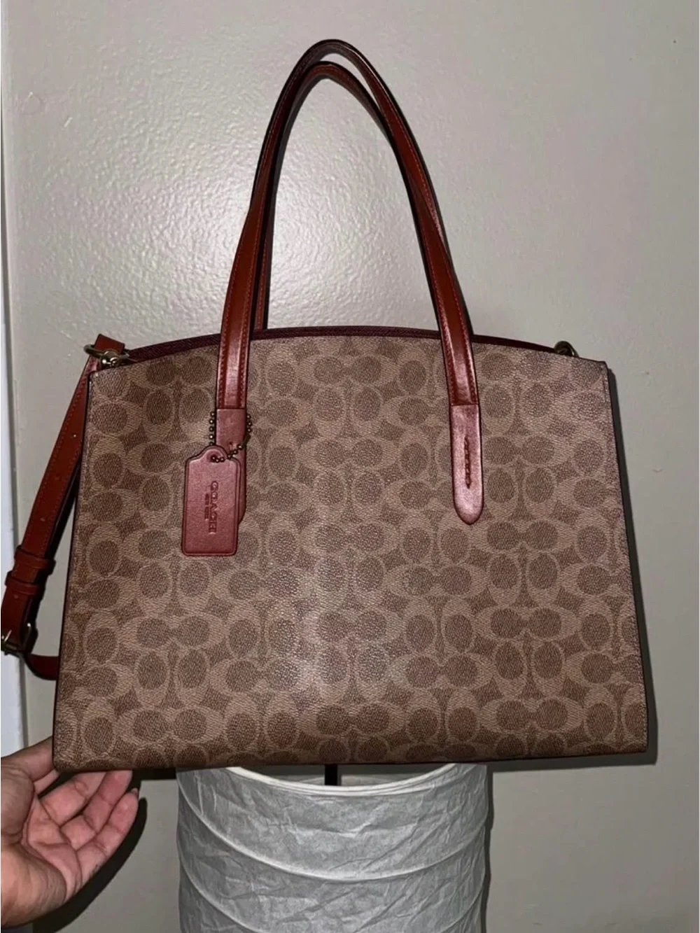 Coach Brown Signature Canvas Shoulder Tote with Saddle Trim